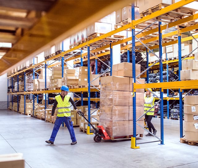 manufacturing warehouse with boxes on stillages