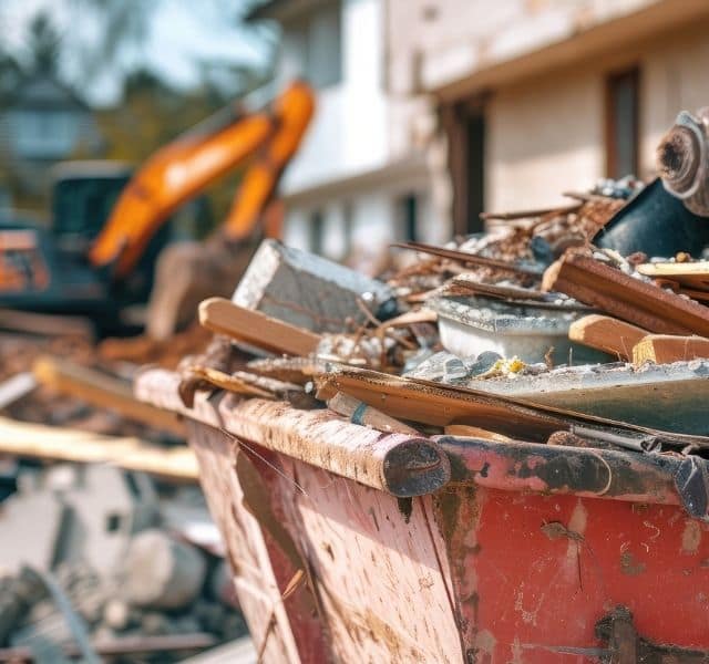 Fully-loaded skip on a very busy construction site